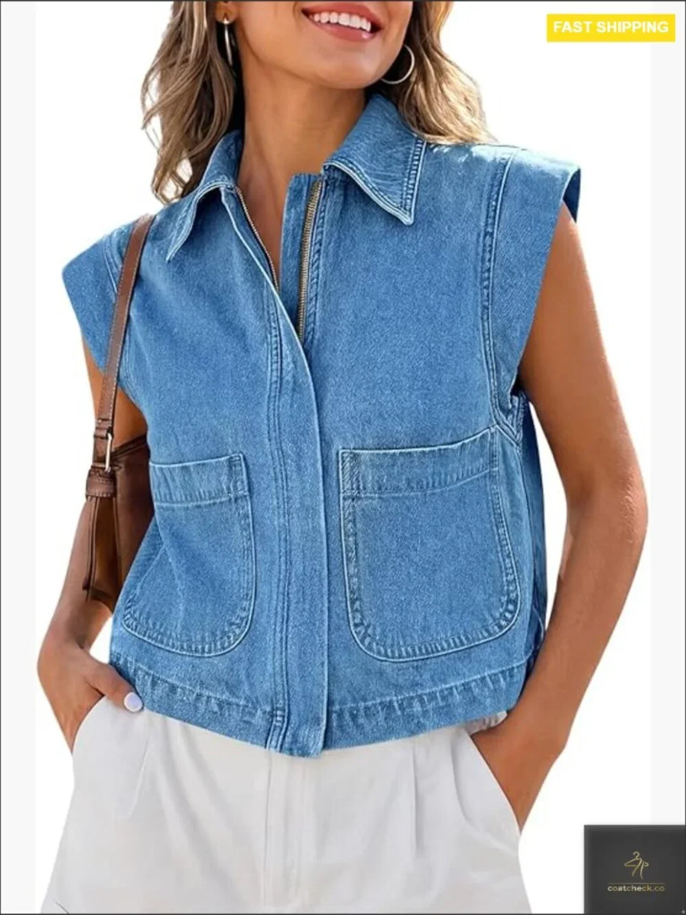 Zip Up Denim Vest Crop Cap Sleeve Jean Jacket Y2K Vintage Fashion Vest